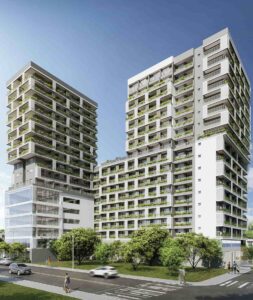 Fachada do Nex One Jurupis em Moema a 400m do metrô Eucaliptos com fachada com hidrofilia, um jardim suspenso