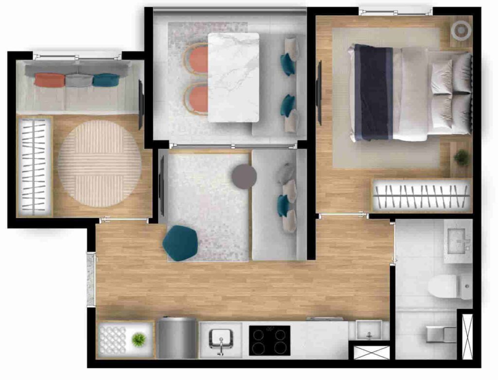 Planta de 2 dorms. com um quarto em cada ponta, final 1, no My One Estação Conceição