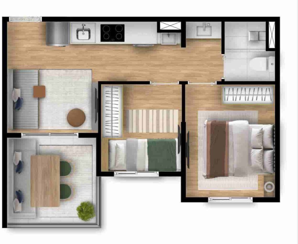 Planta de 2 dorms. com quartos um do lado do outro, final 3, no My One Estação Conceição