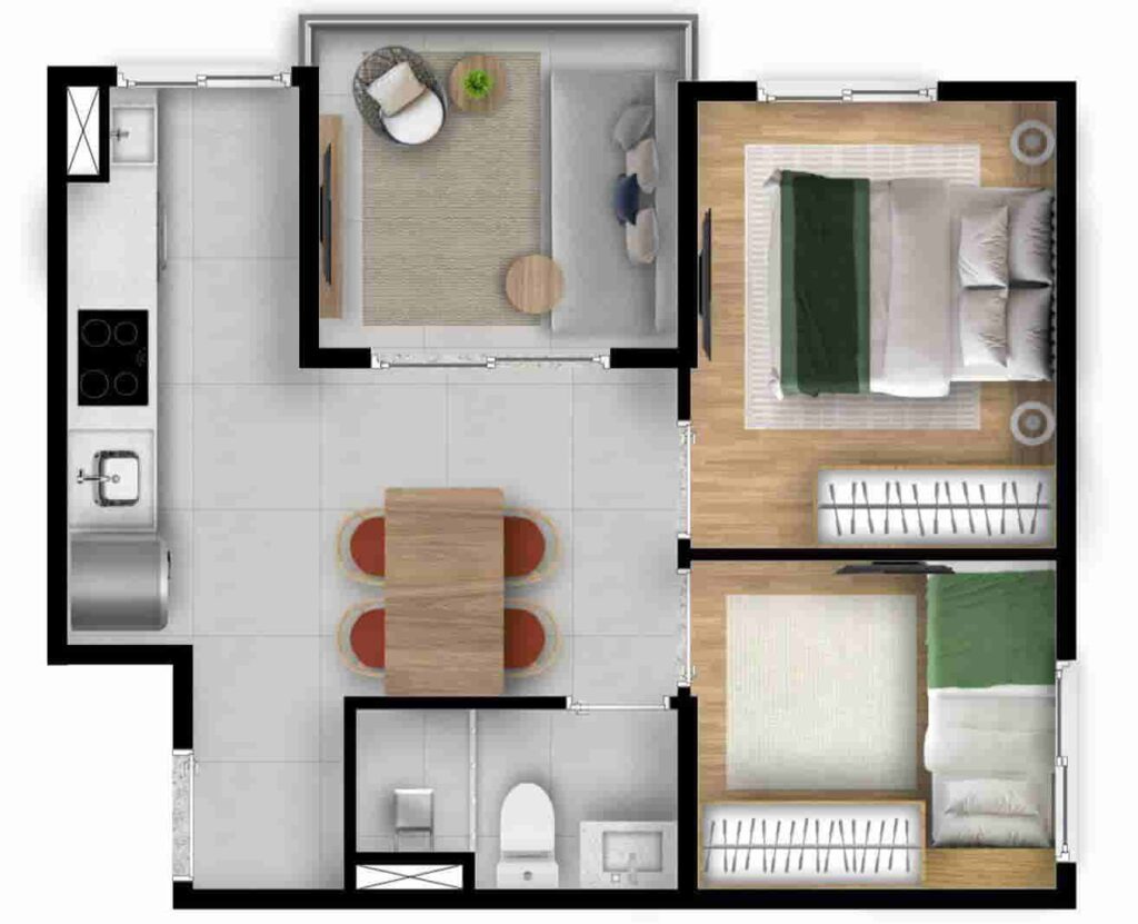 Planta de 2 dorms. com quartos um do lado do outro, final 8, no My One Estação Conceição